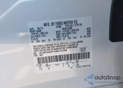 2016 Ford Edge Sport from USA, damaged, VIN 2FMPK4AP1GBC31358